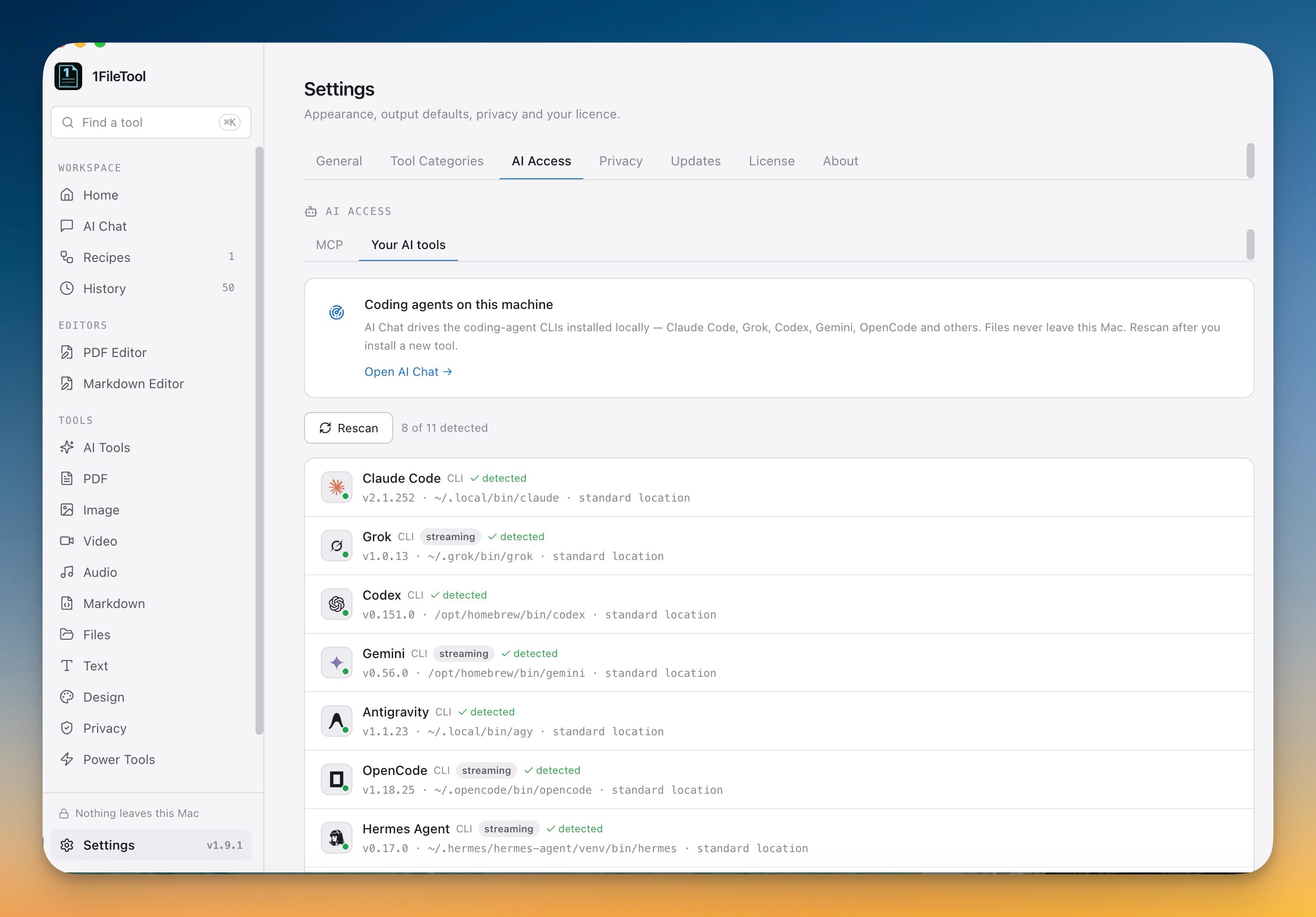 The Your AI tools tab in Settings AI Access showing 8 of 11 coding agents detected, listing Claude Code, Grok, Codex, Gemini, Antigravity, OpenCode and Hermes Agent with their versions and install paths