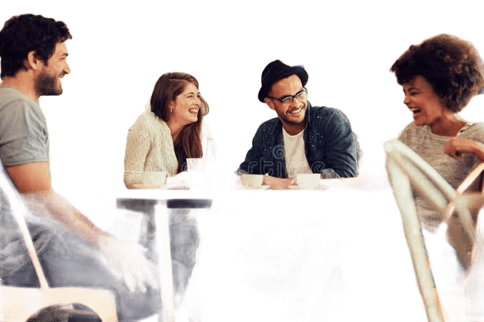 A cafe photo of four friends after 1FileTool removed the background, leaving the people and table as a clean transparent PNG cutout