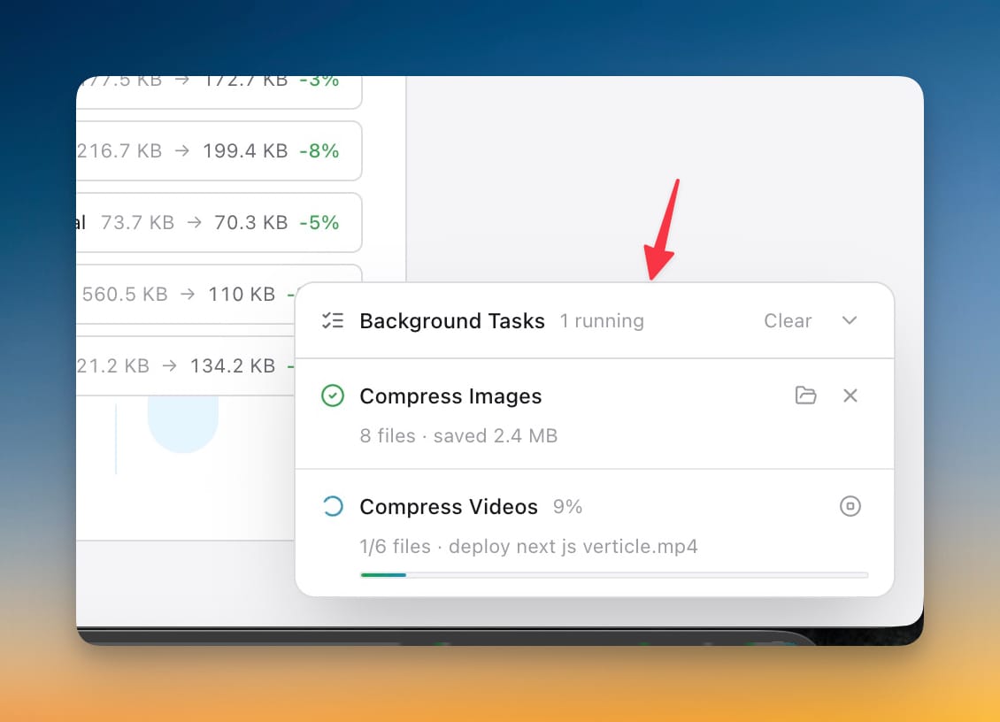The Background Tasks status popover showing a completed image compression and a video compression running at 9 percent