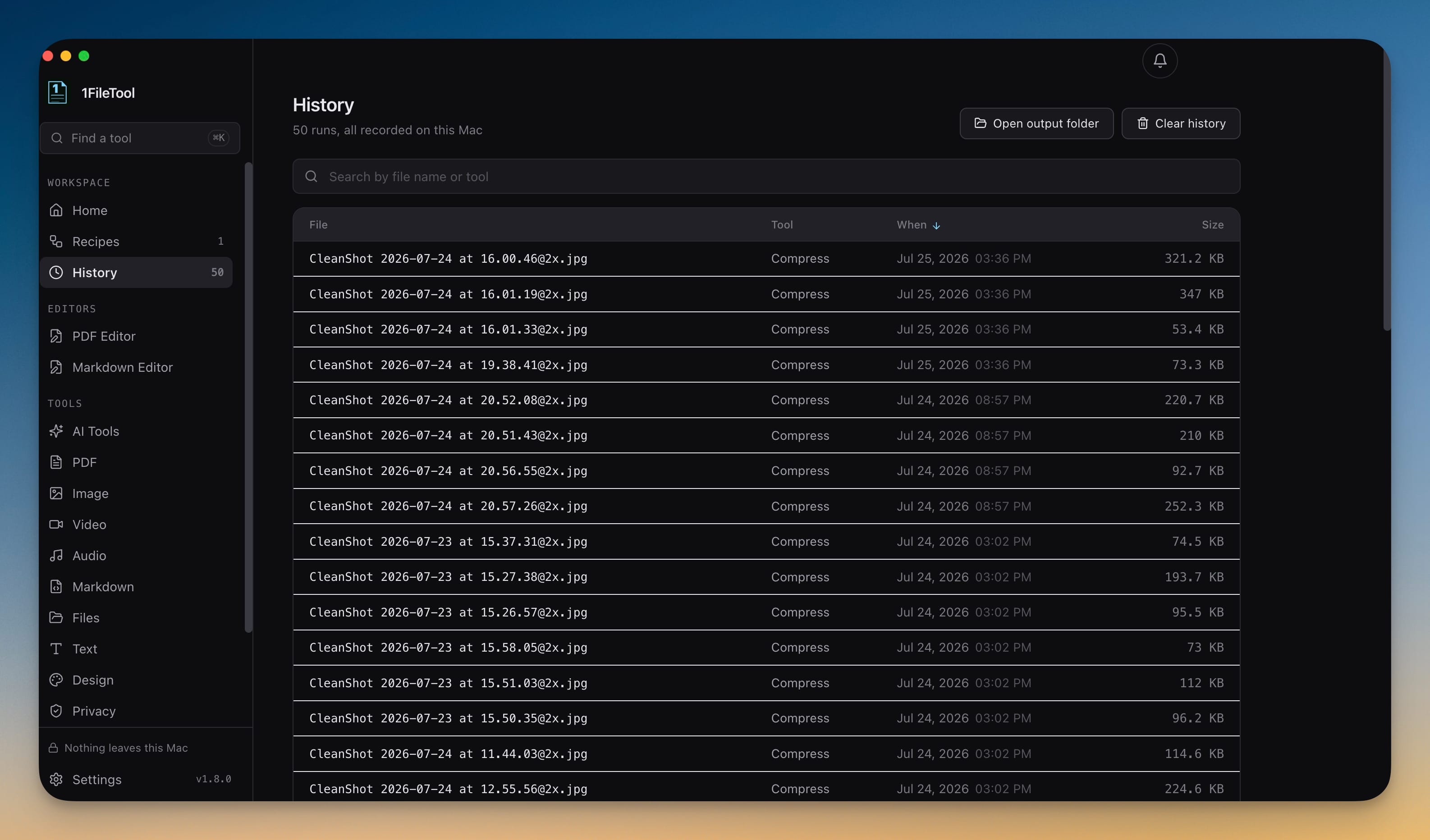 The History screen listing 50 recorded runs with file name, tool, timestamp and output size, all recorded locally on this Mac
