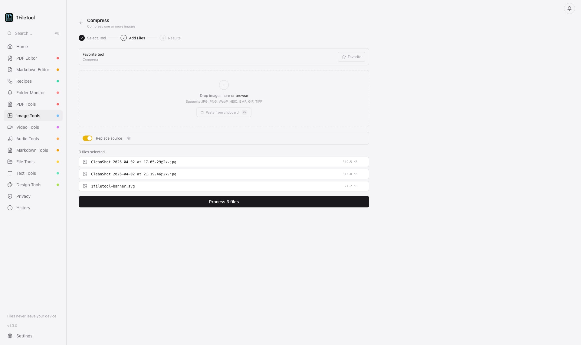 Compressing a batch of images in 1FileTool — each result shows size saved