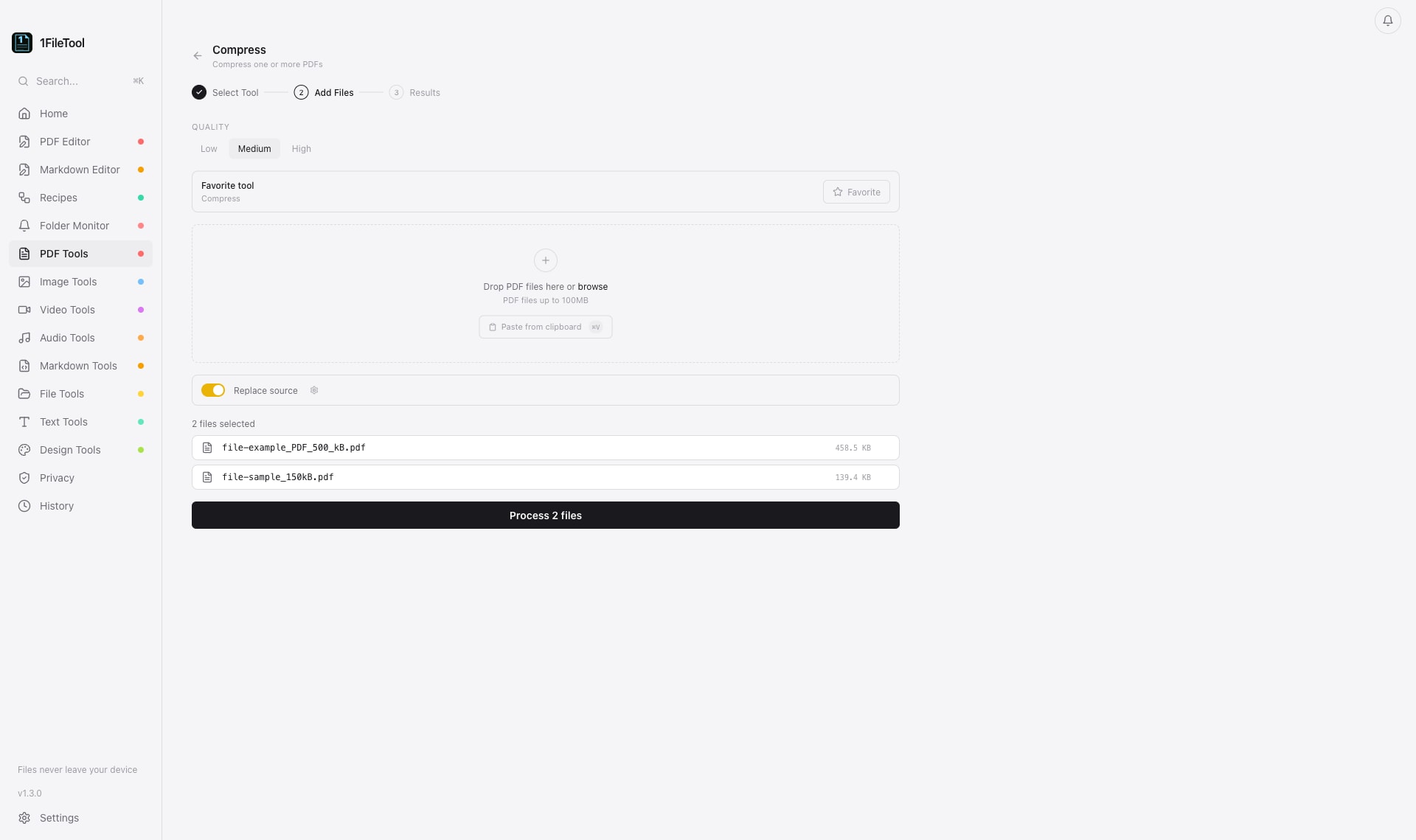 Compressing a batch of PDFs in 1FileTool — each result reports size before and after