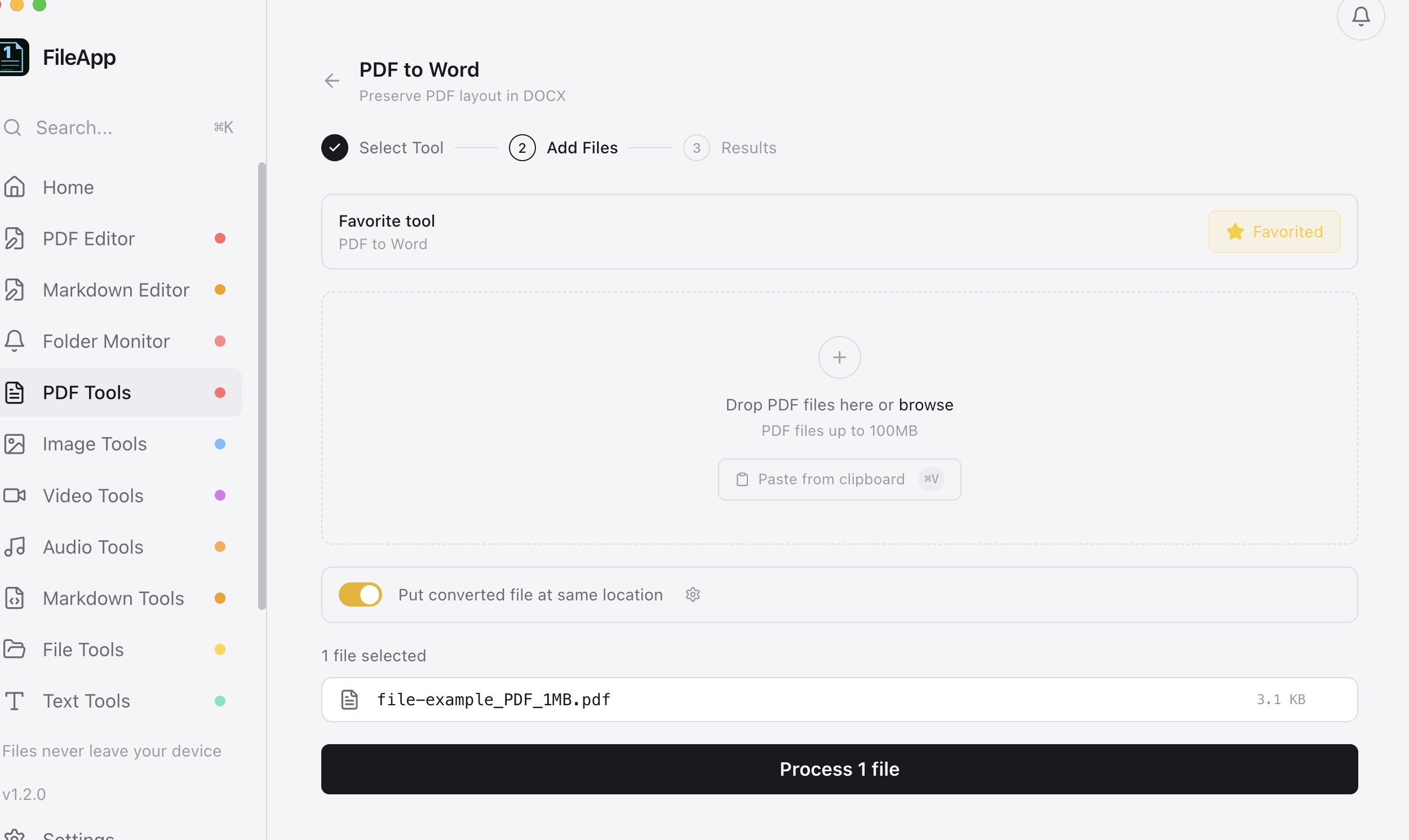 PDF to Word tool on the Add Files step with a sample PDF selected and the option to put the converted file in the same location enabled, ready to process