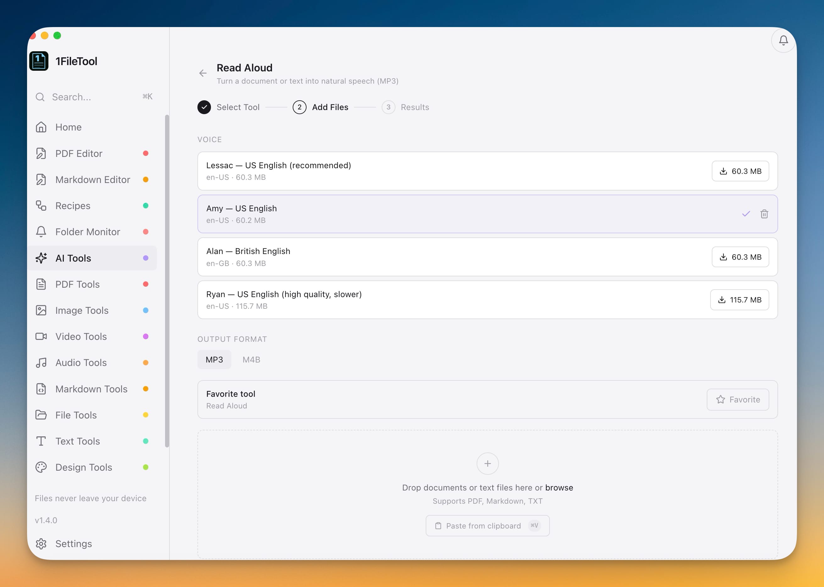The Read Aloud voice picker offering Lessac, Amy, Alan, and Ryan voices with one-time download sizes and an MP3/M4B output toggle