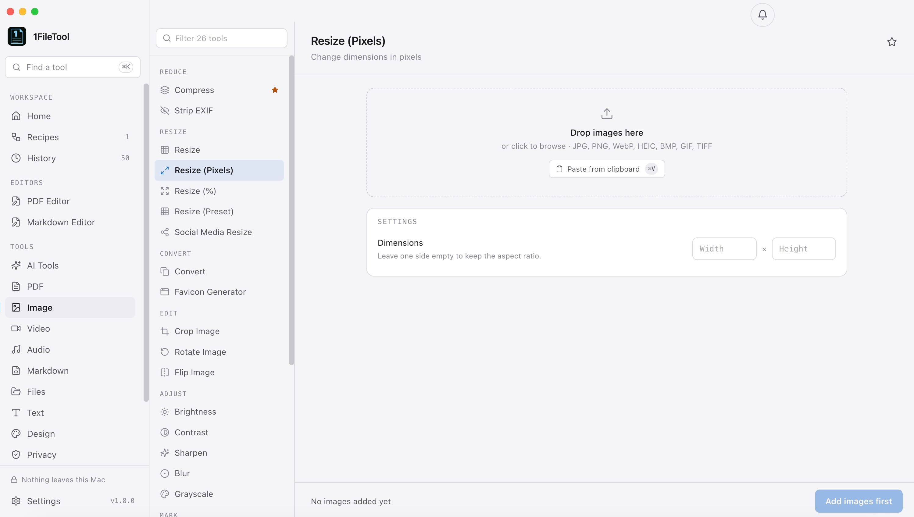 The Resize (Pixels) tool page with its drop zone and Dimensions settings inline, so switching tools never sends you back to the start