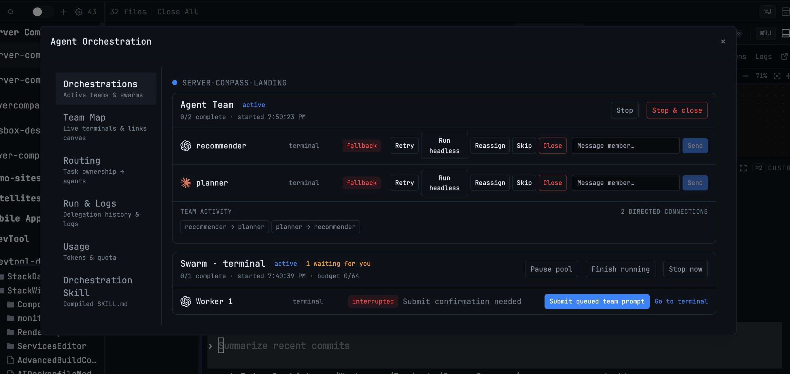 A 1DevTool agent orchestration panel, original on the left and compressed on the right