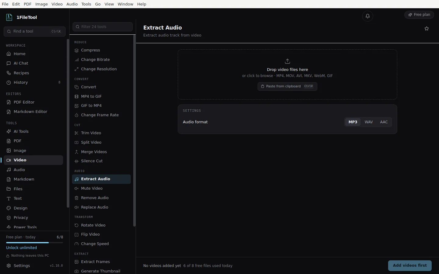 ตัวเลือก Audio format บน Extract Audio