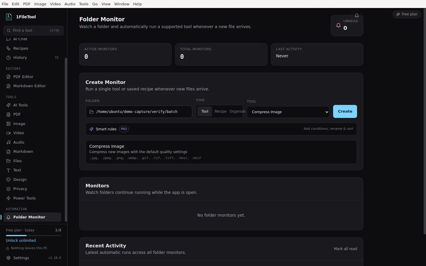 Create Monitor — kansionvalitsin, tyypinvalitsin ja Smart rules -esiasetukset