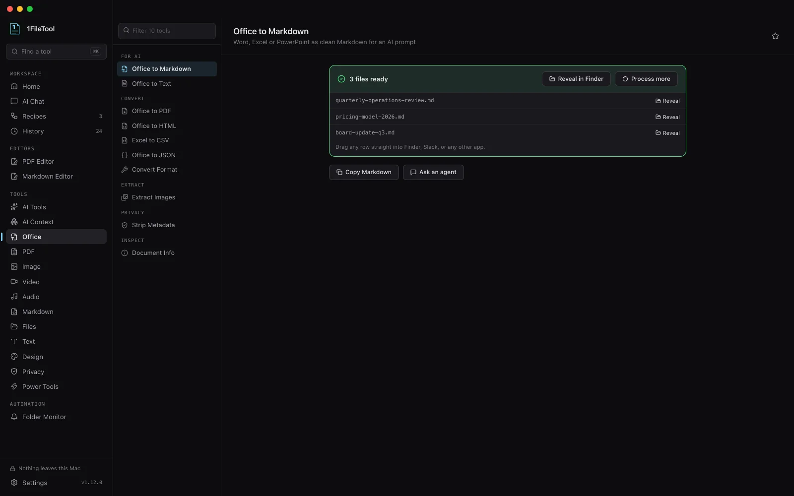 Office to Markdown after a batch of three files, with Copy Markdown and Ask an agent below the result