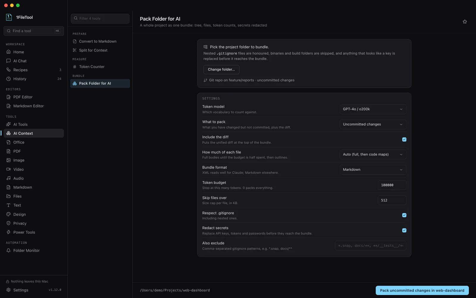Pack Folder for AI set to pack uncommitted changes with a 100,000-token budget