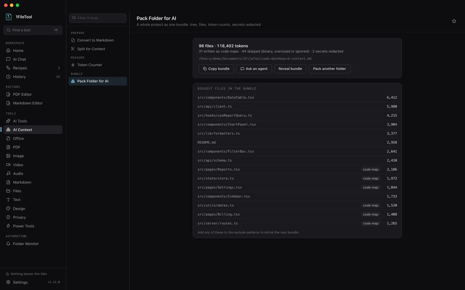 A finished bundle: 96 files and 118,402 tokens, with the biggest files listed by tokens