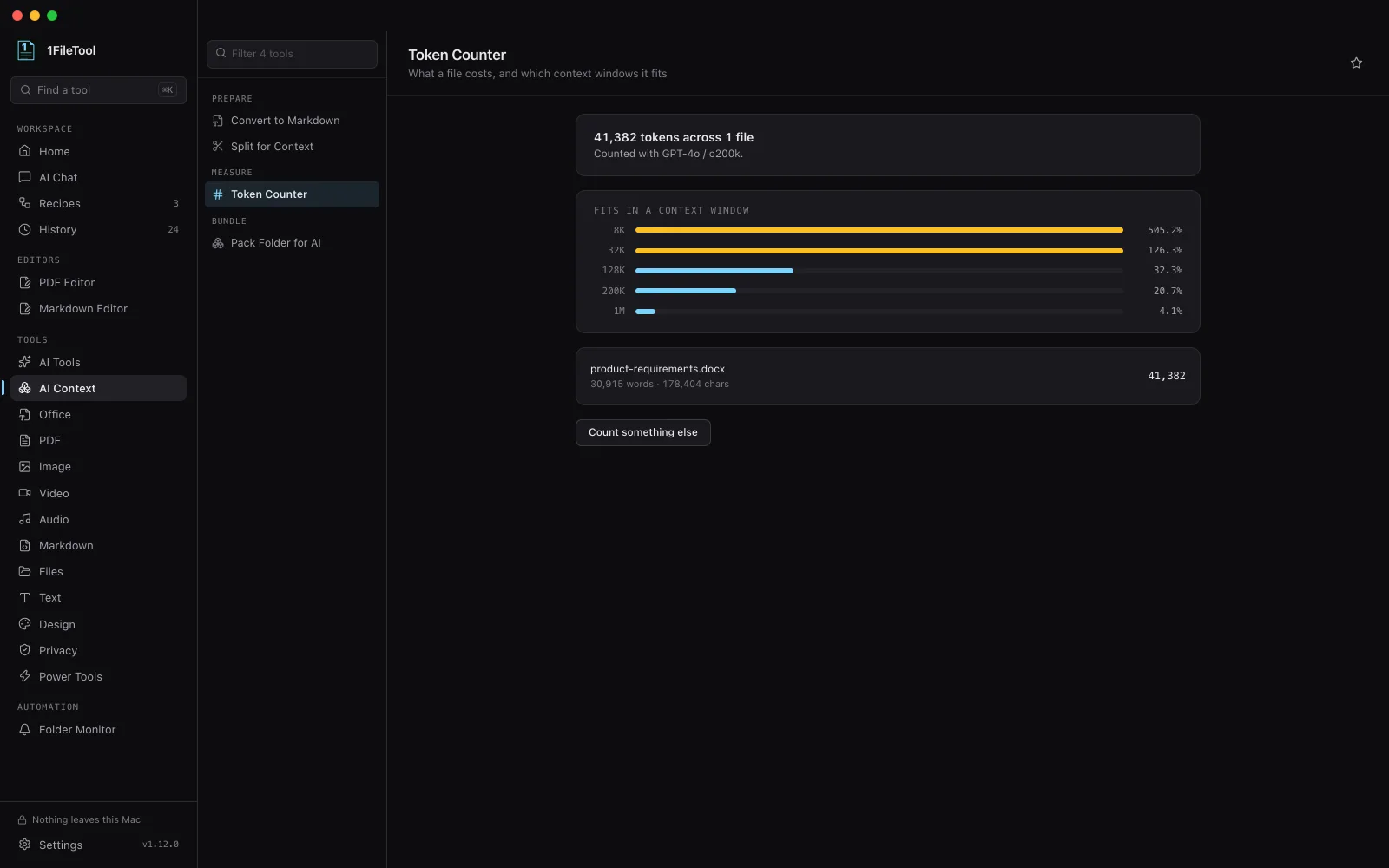 Token Counter showing a document's total tokens and which context windows it fits
